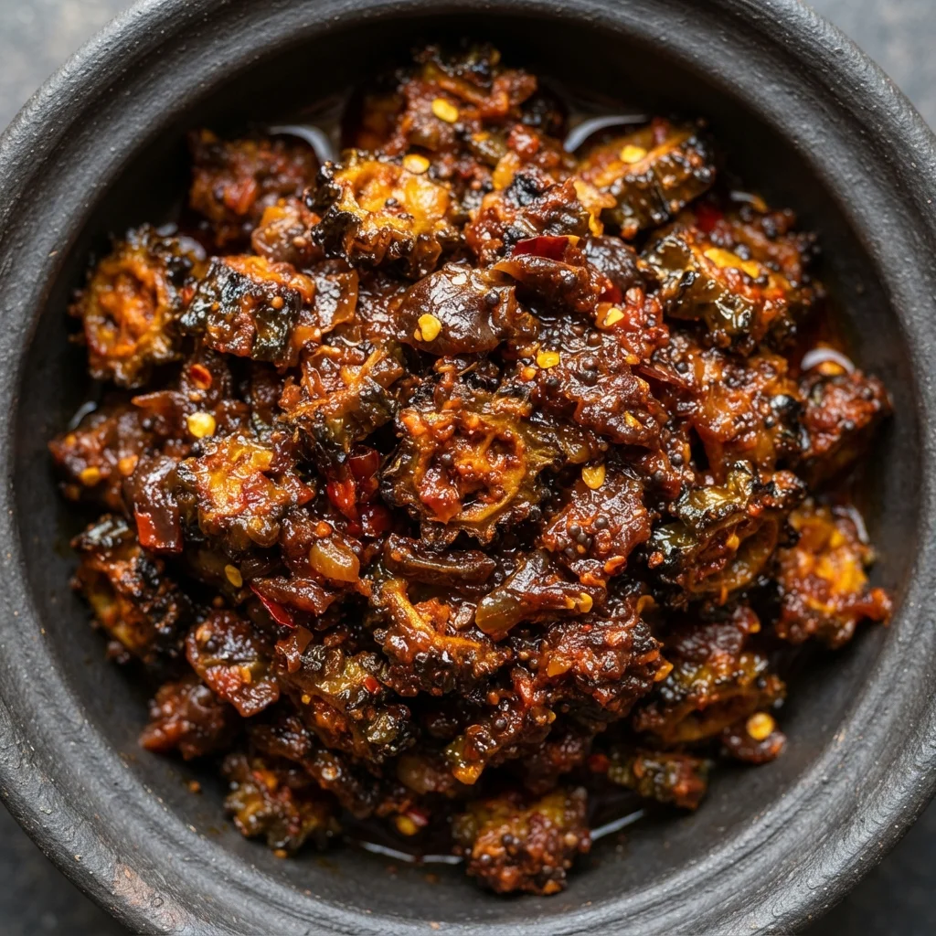 Bitter gourd pickle (Pavakkai oorugai)